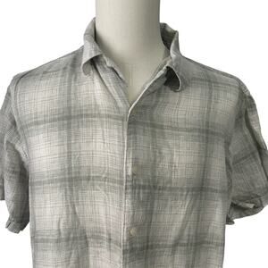 Haggar | Men's Green Cream Plaid Beachy Summer Washable Linen Shirt Sz L